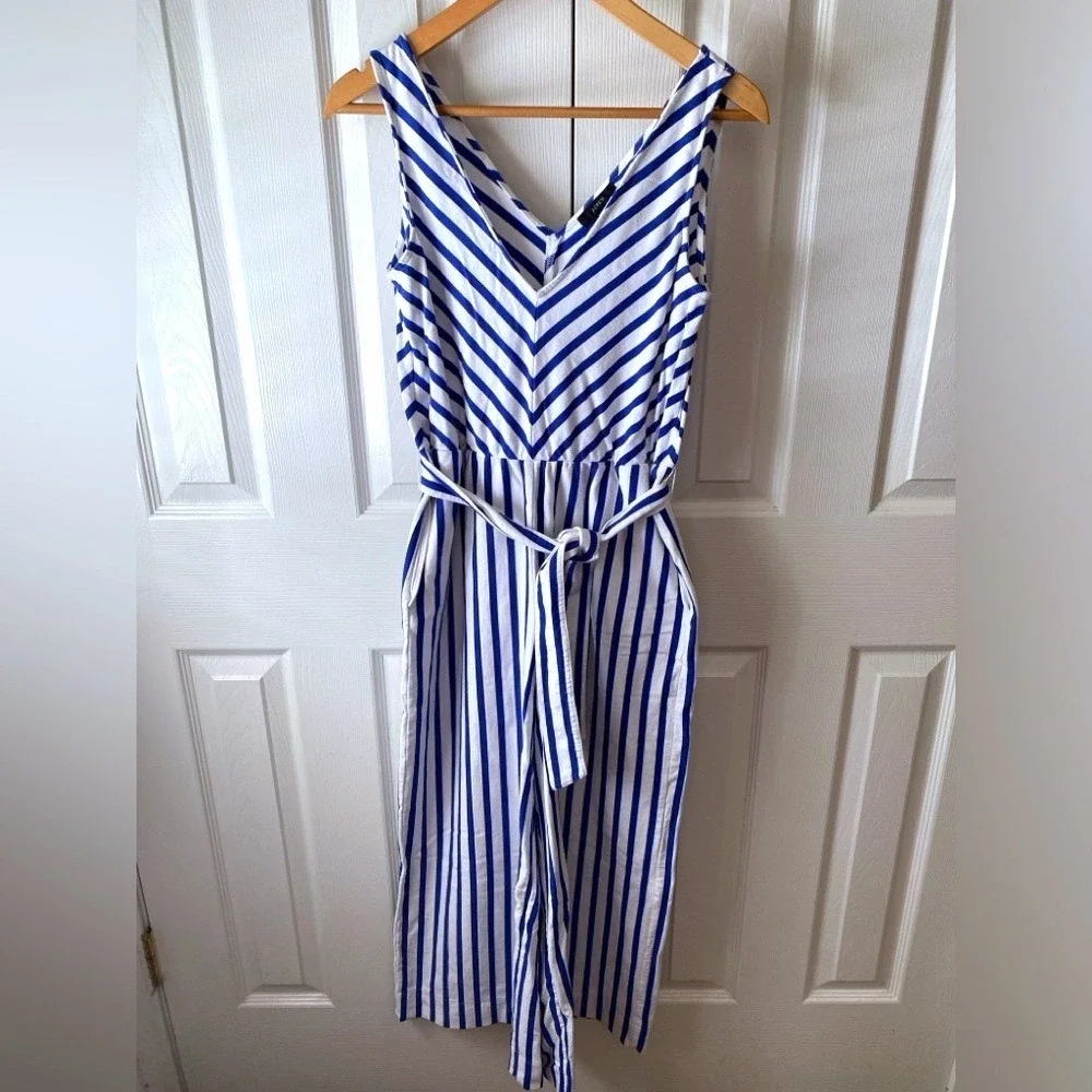 J.CREW Royal Blue/White Striped V-Neck Wide-Leg‎ V-Neck Cropped Jumpsuit SZ 6